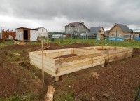 Процесс установки опалубки для фундамента